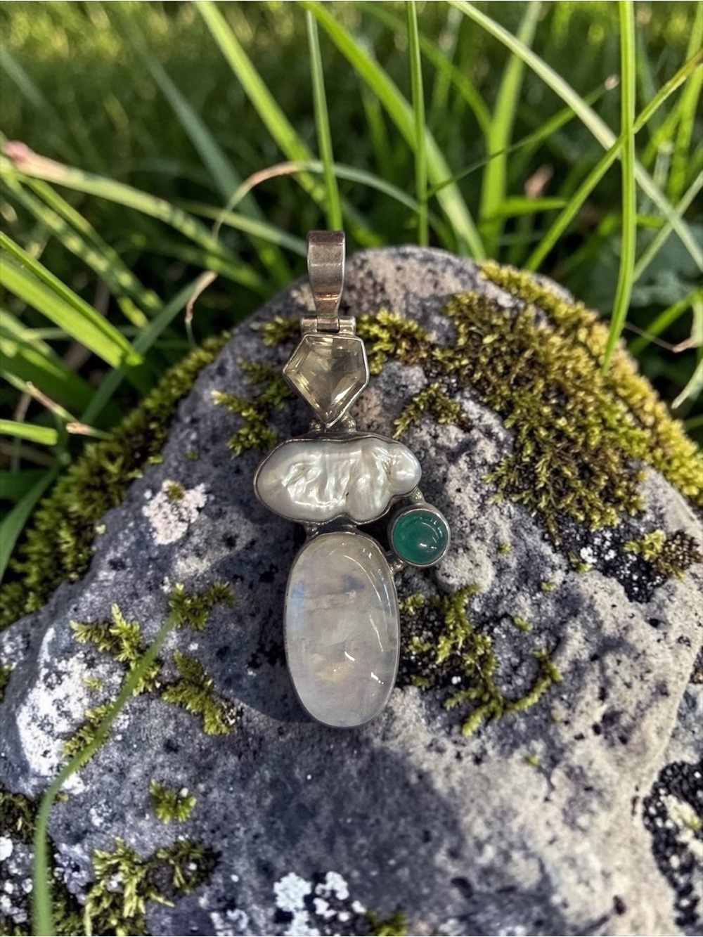 Sterling Silver Multi‎ Gemstone Pendant Moonstone Citrine Pearl